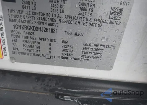 2017 Chevrolet Traverse 1Lt z USA, uszkodzony, nr VIN 1GNKRGKD3HJ261031